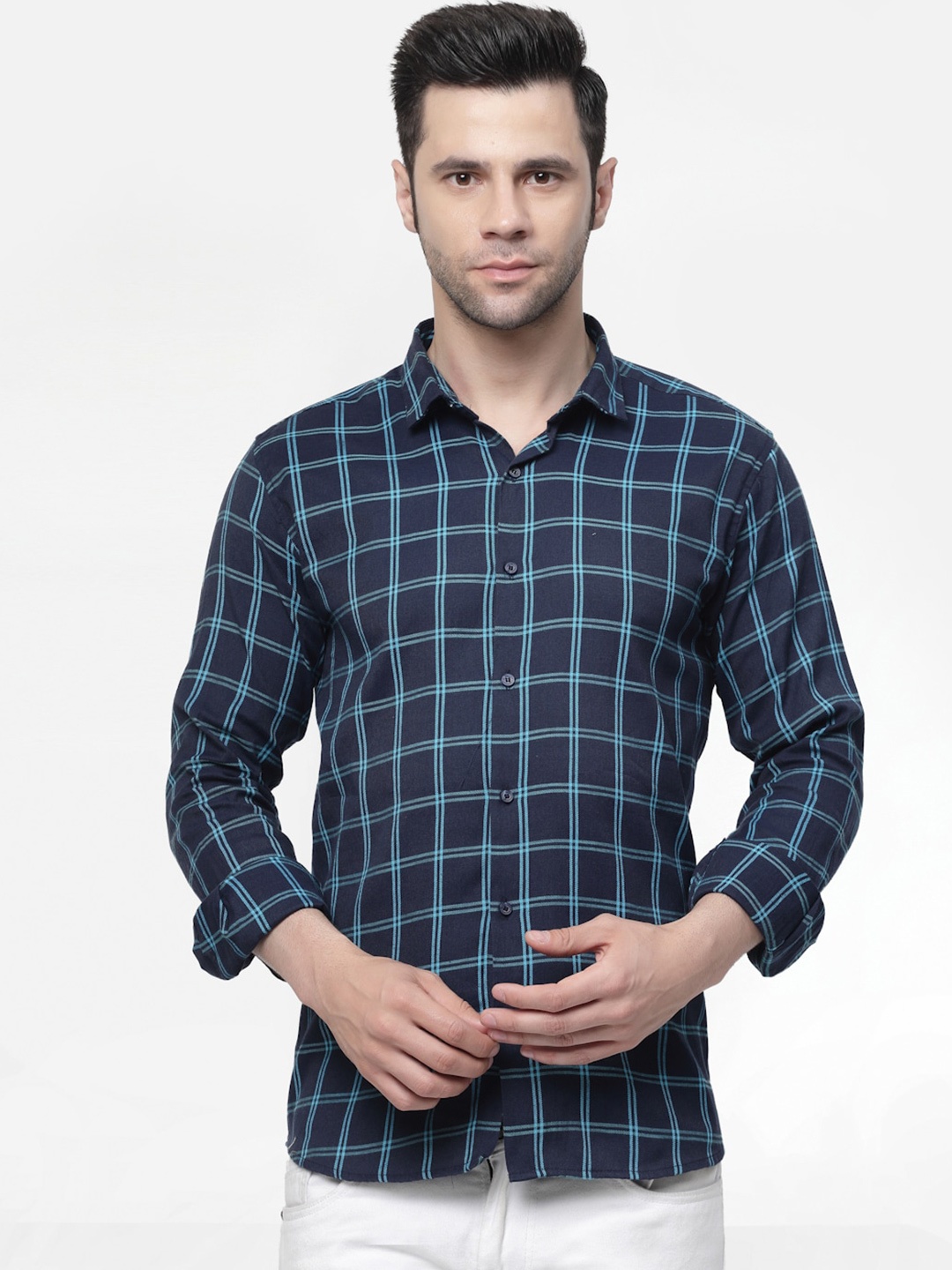 

ADWYN PETER New Windowpane Checked Cotton Casual Shirt, Blue