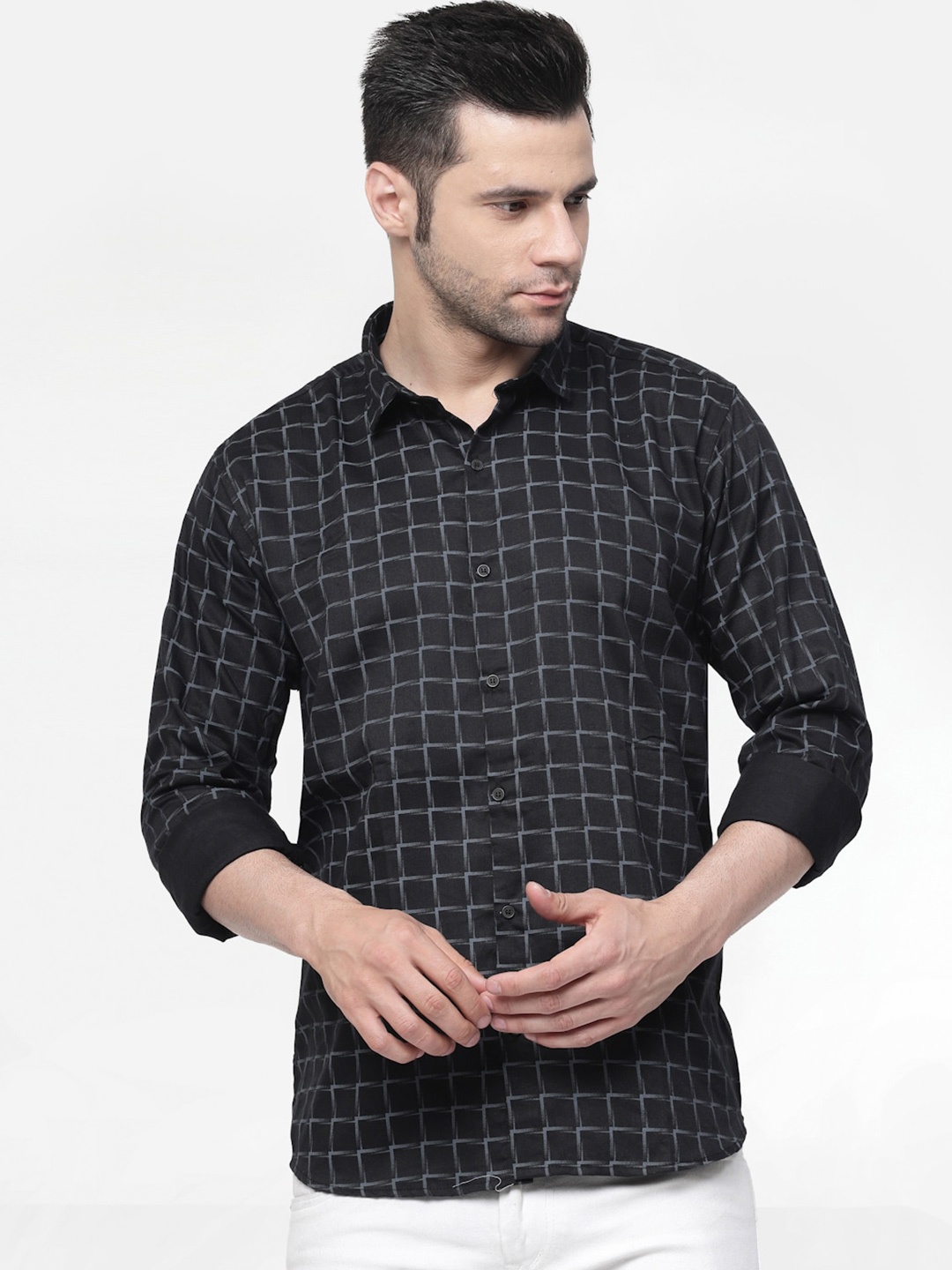 

ADWYN PETER New Windowpane Checked Cotton Casual Shirt, Black