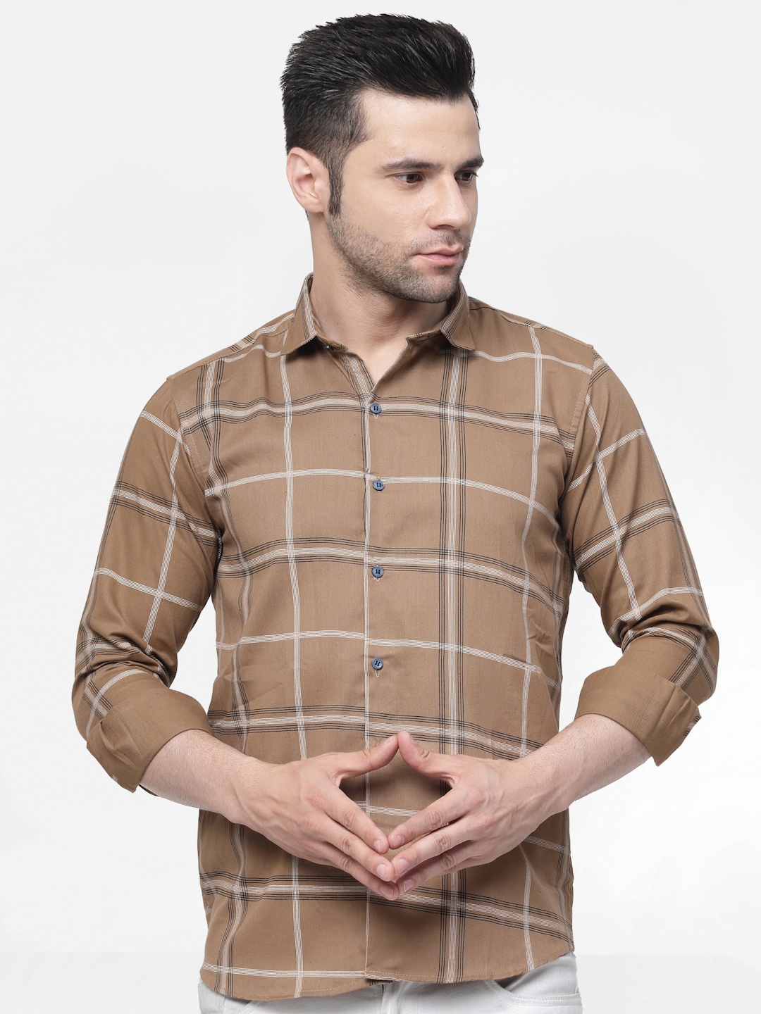 

ADWYN PETER New Windowpane Checked Cotton Casual Shirt, Brown