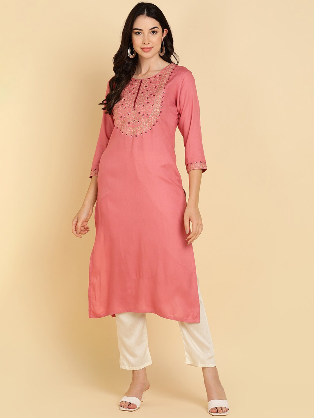 

MissKurti Ethnic Motifs Yoke Design Mirror Work Kurta, Pink