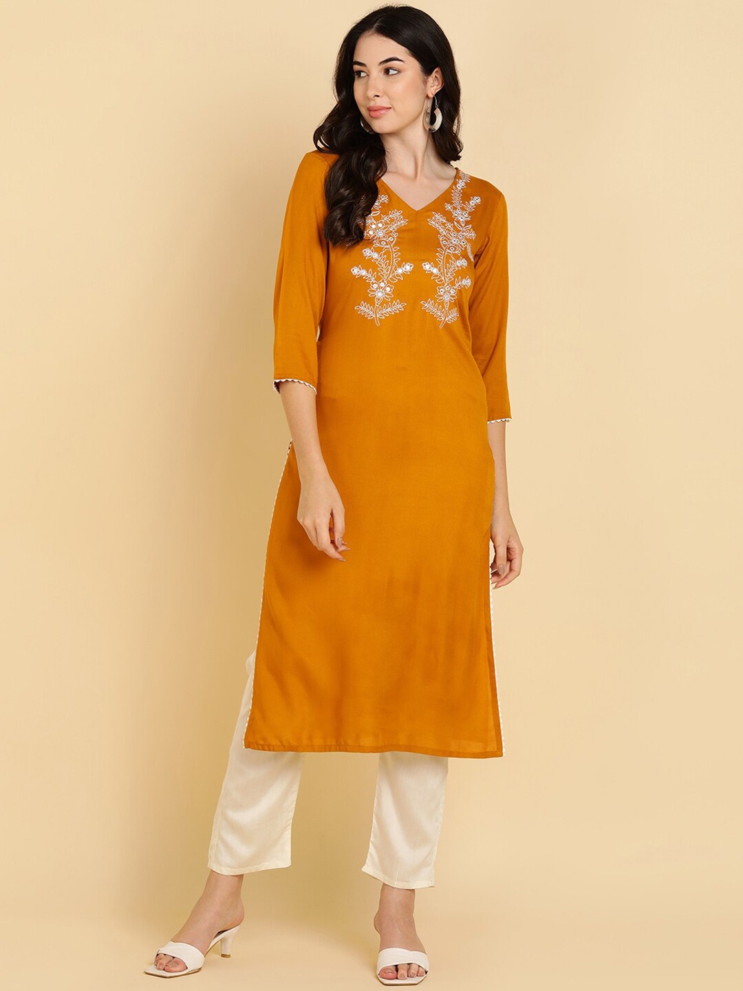 

MissKurti Floral Embroidered Mirror Work Kurta, Mustard