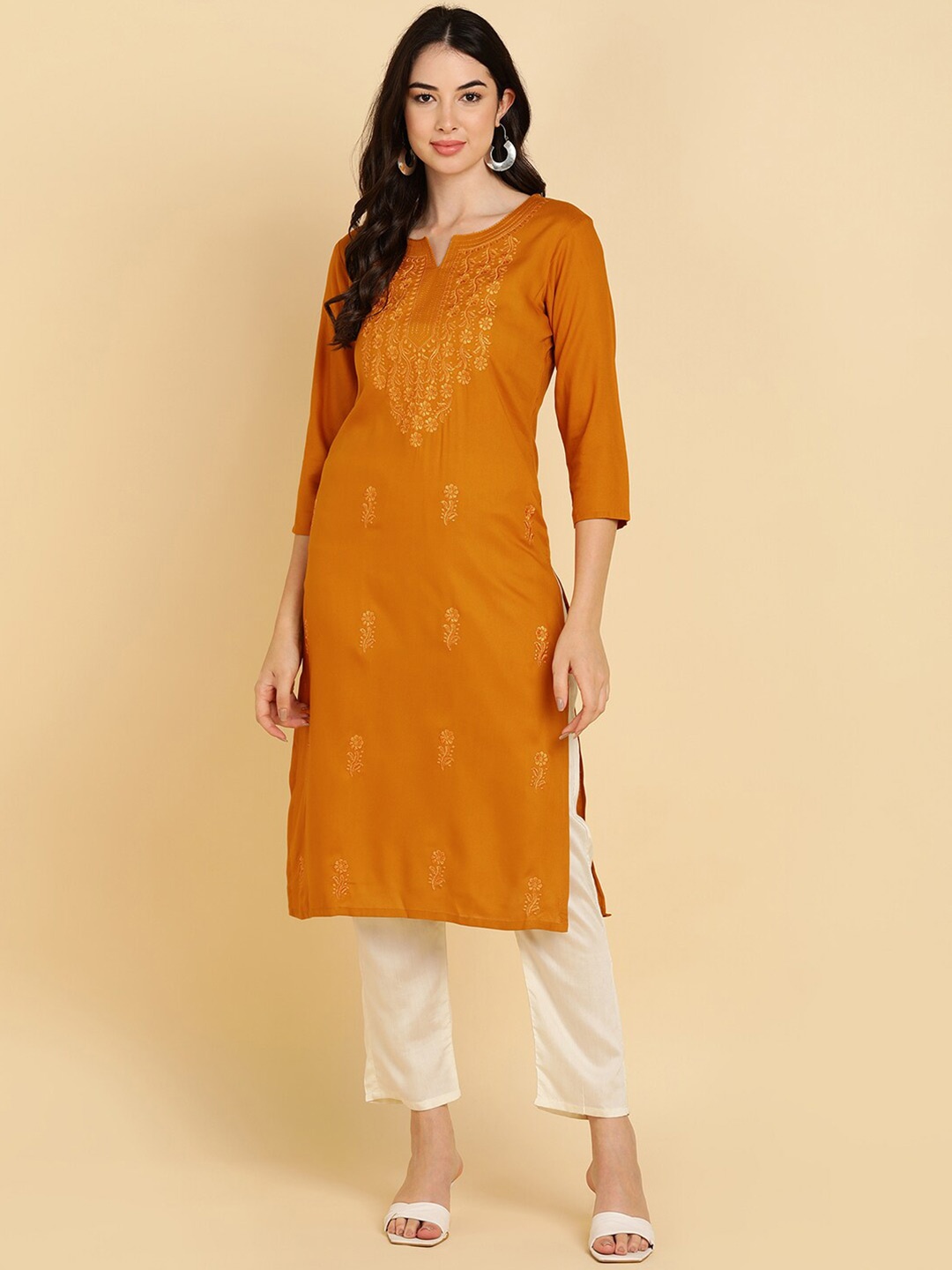 

MissKurti Floral Embroidered Straight Kurta, Yellow