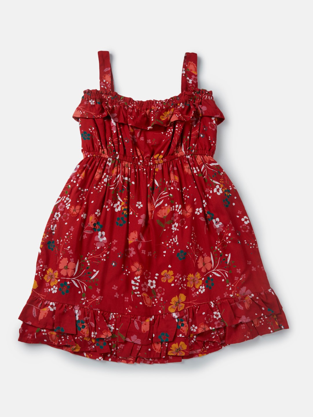 

Gini and Jony Girls Floral Printed Shoulder Straps Cotton Fit & Flare Dress, Red