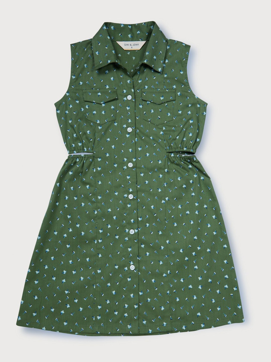 

Gini and Jony Girls Floral Printed Cut Out Cotton Fit & Flare Dress, Green