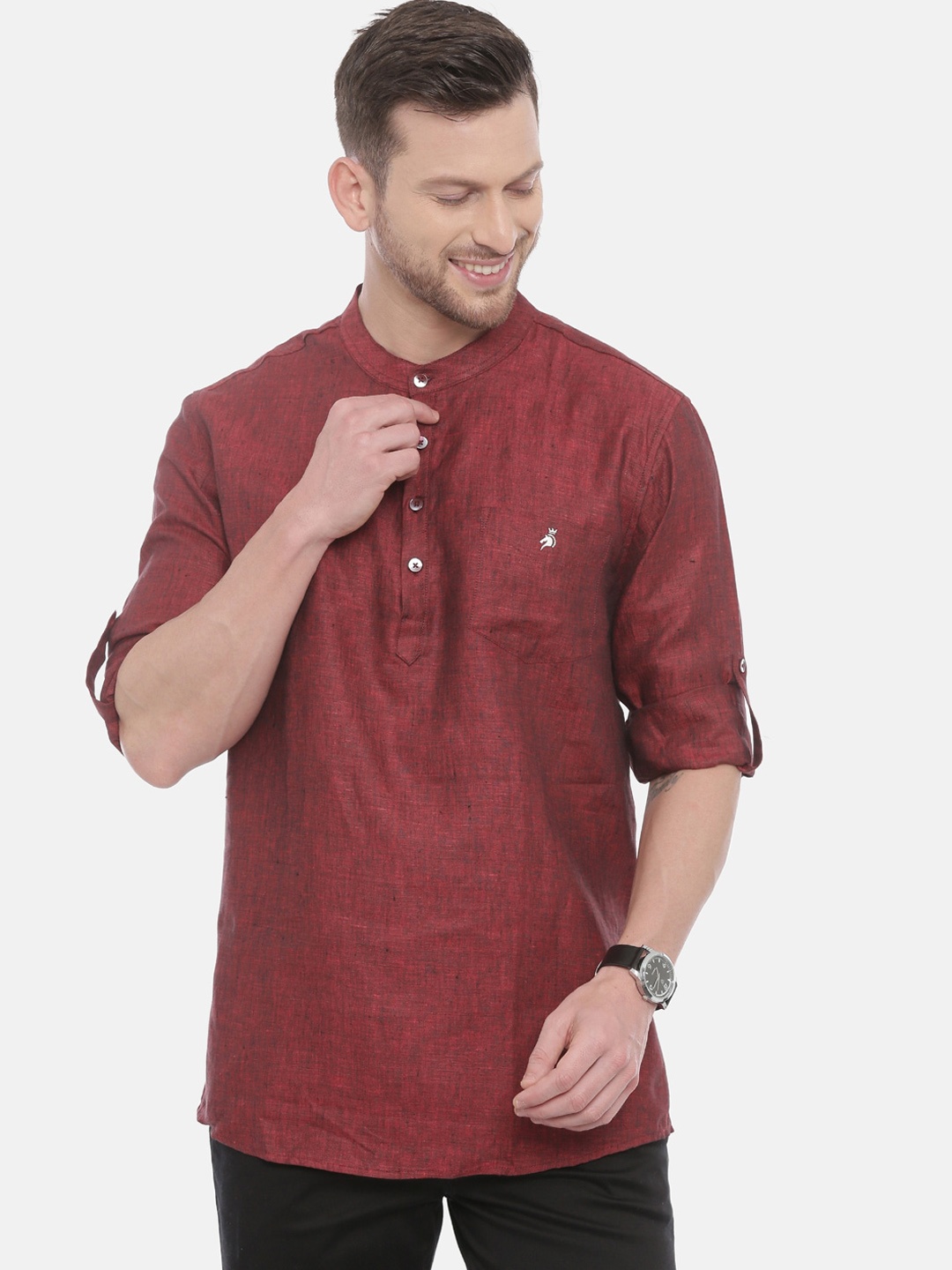 

Khoday Williams Men Straight Linen Short Kurta, Maroon