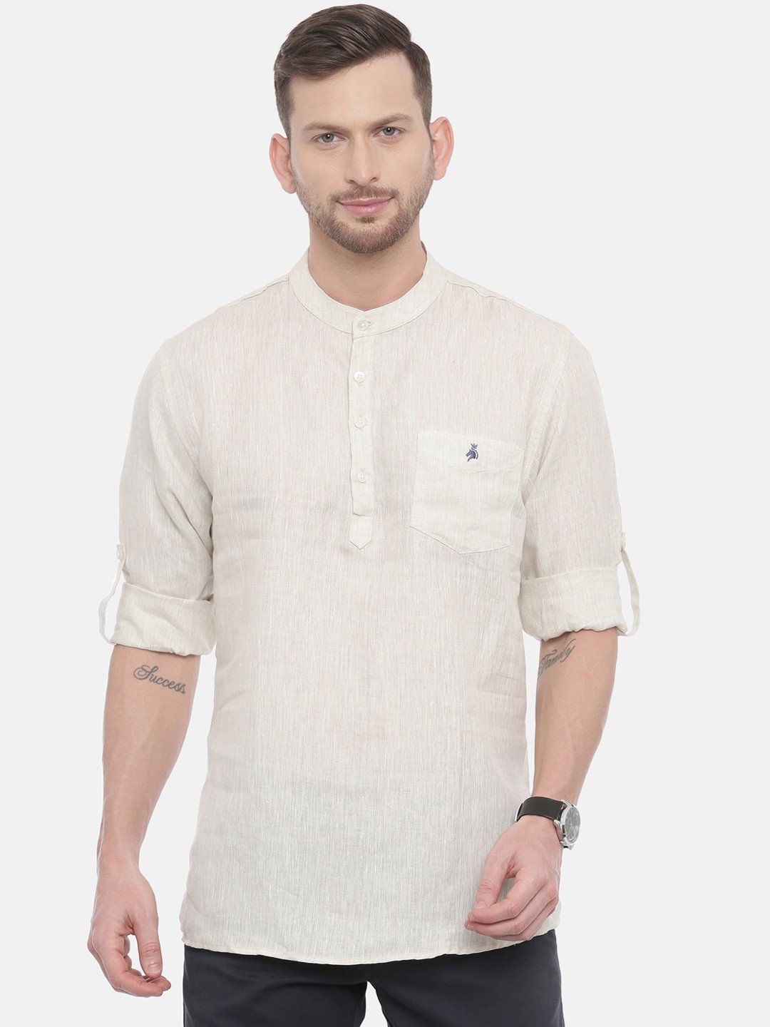 

Khoday Williams Men Straight Linen Short Kurta, Beige