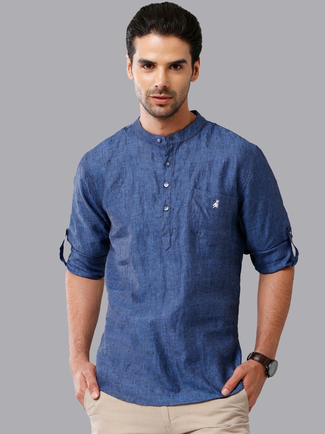 

Khoday Williams Men Self Design Straight Linen Short Kurta, Blue