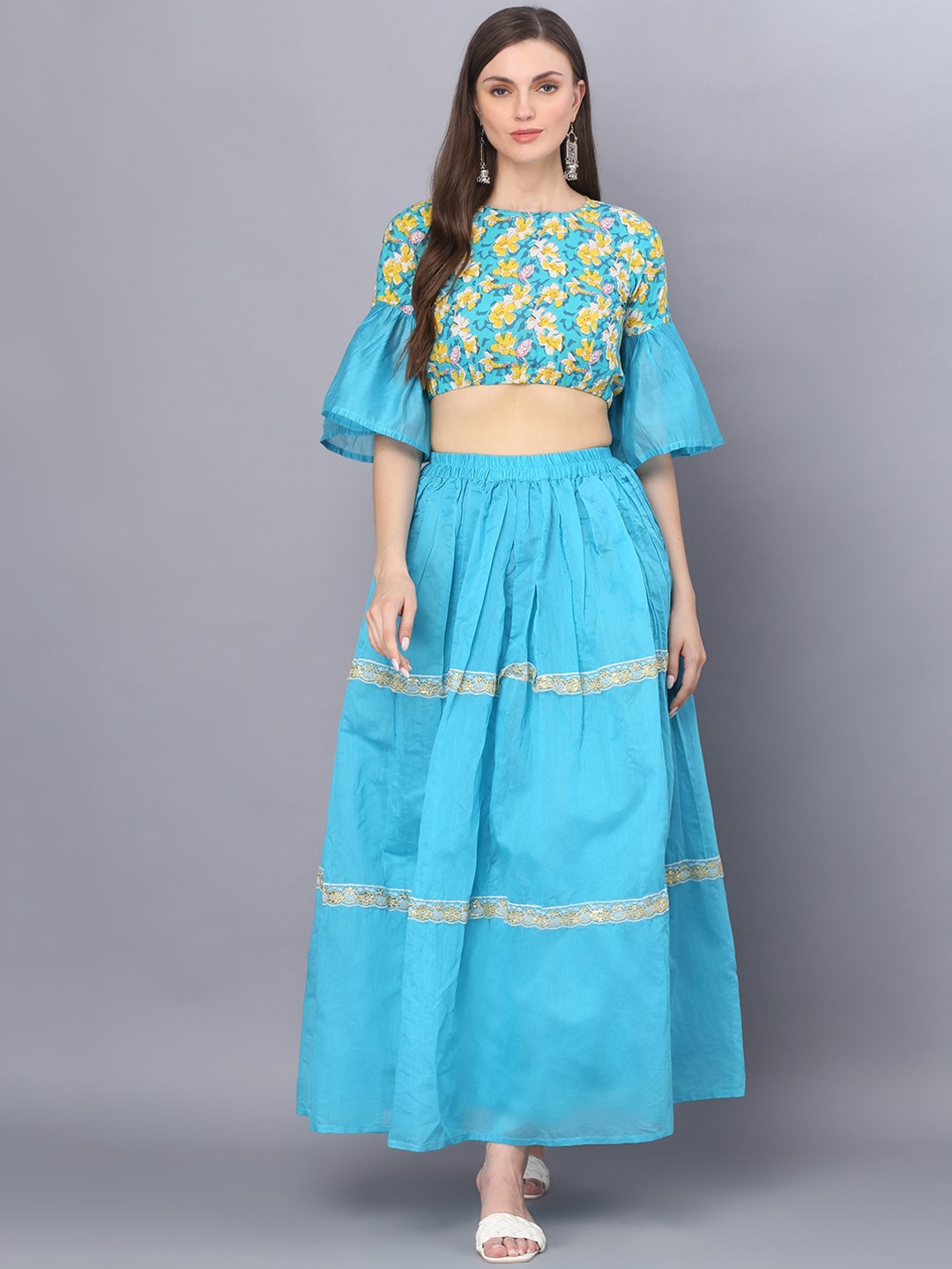 

God Bless Floral Printed Crop Top With Skirts, Blue