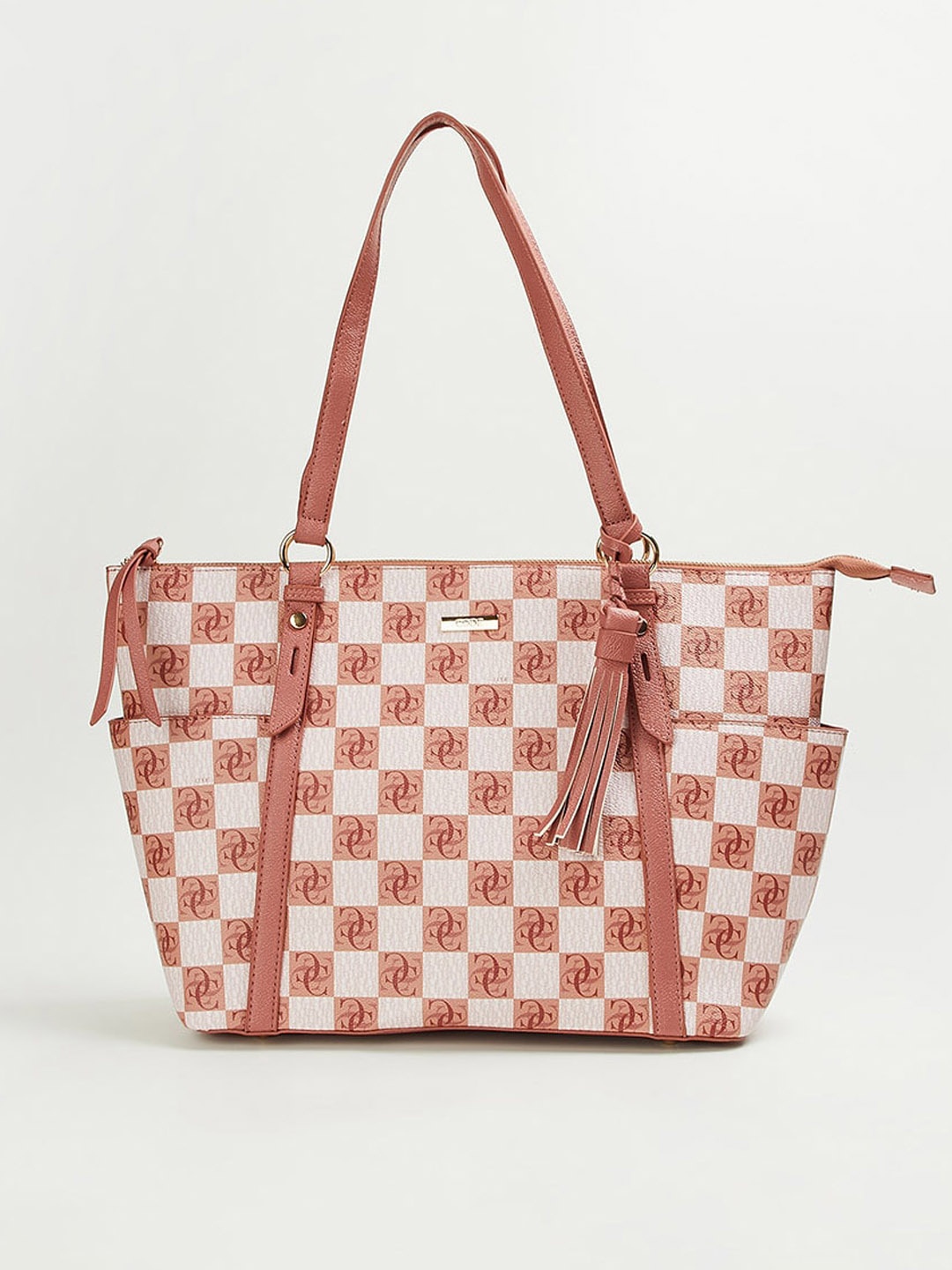 

CODE by Lifestyle Typography Printed Structured Shoulder Bag With Tasselled, Tan