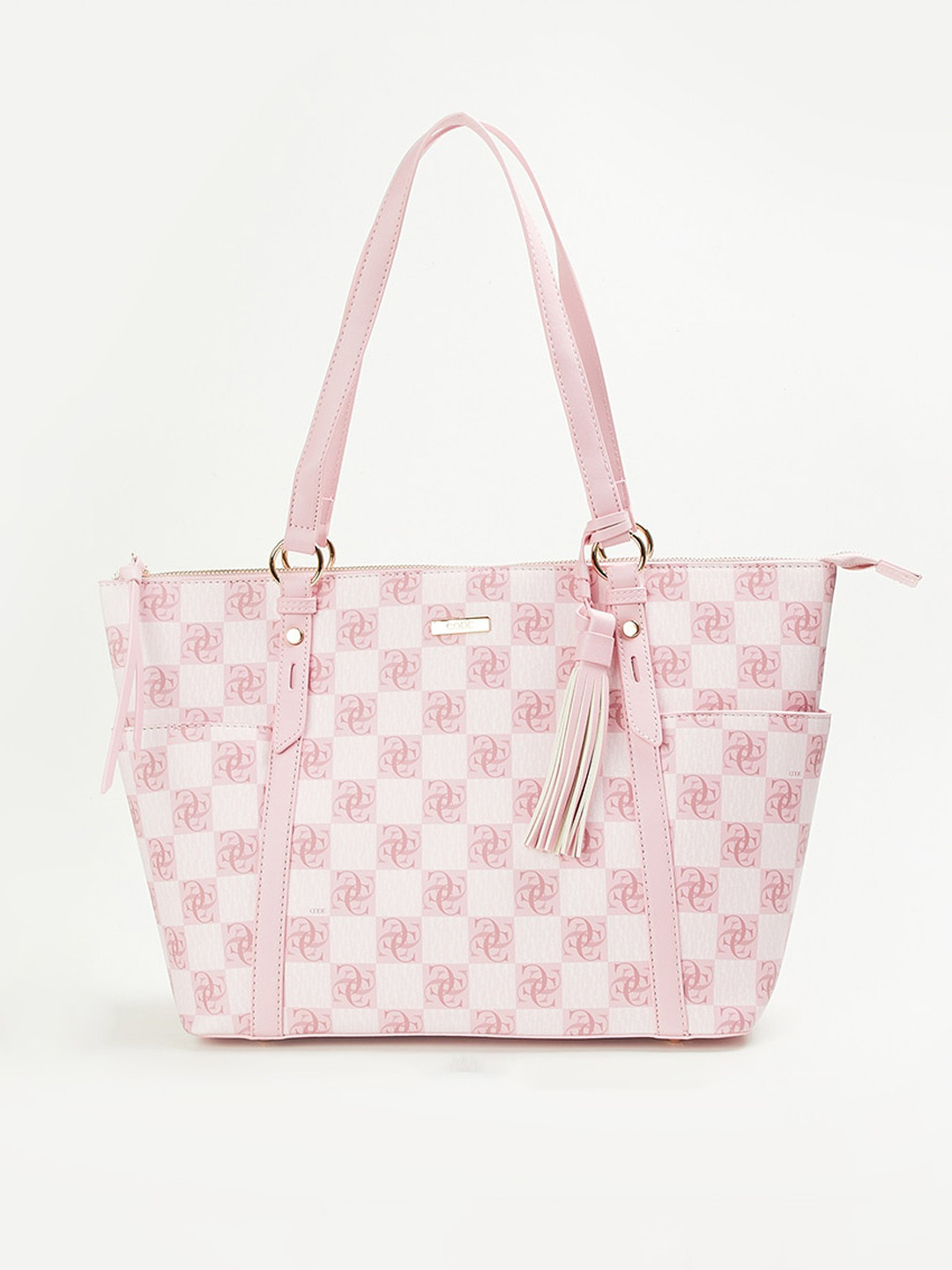 

CODE by Lifestyle Typography Printed Structured Shoulder Bag With Tasselled, Pink