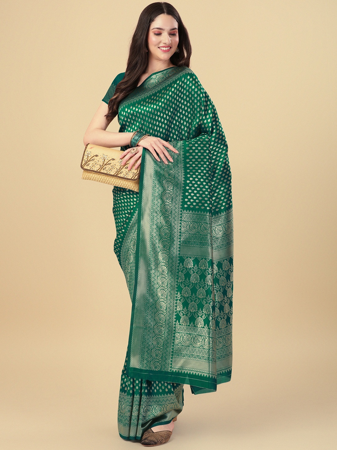 

KALINI Ethnic Motif Woven Design Zari Banarasi Saree, Green