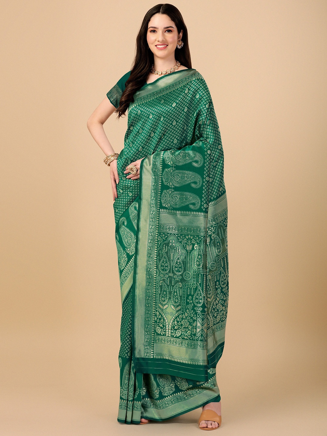 

KALINI Ethnic Motif Woven Design Zari Banarasi Saree, Green