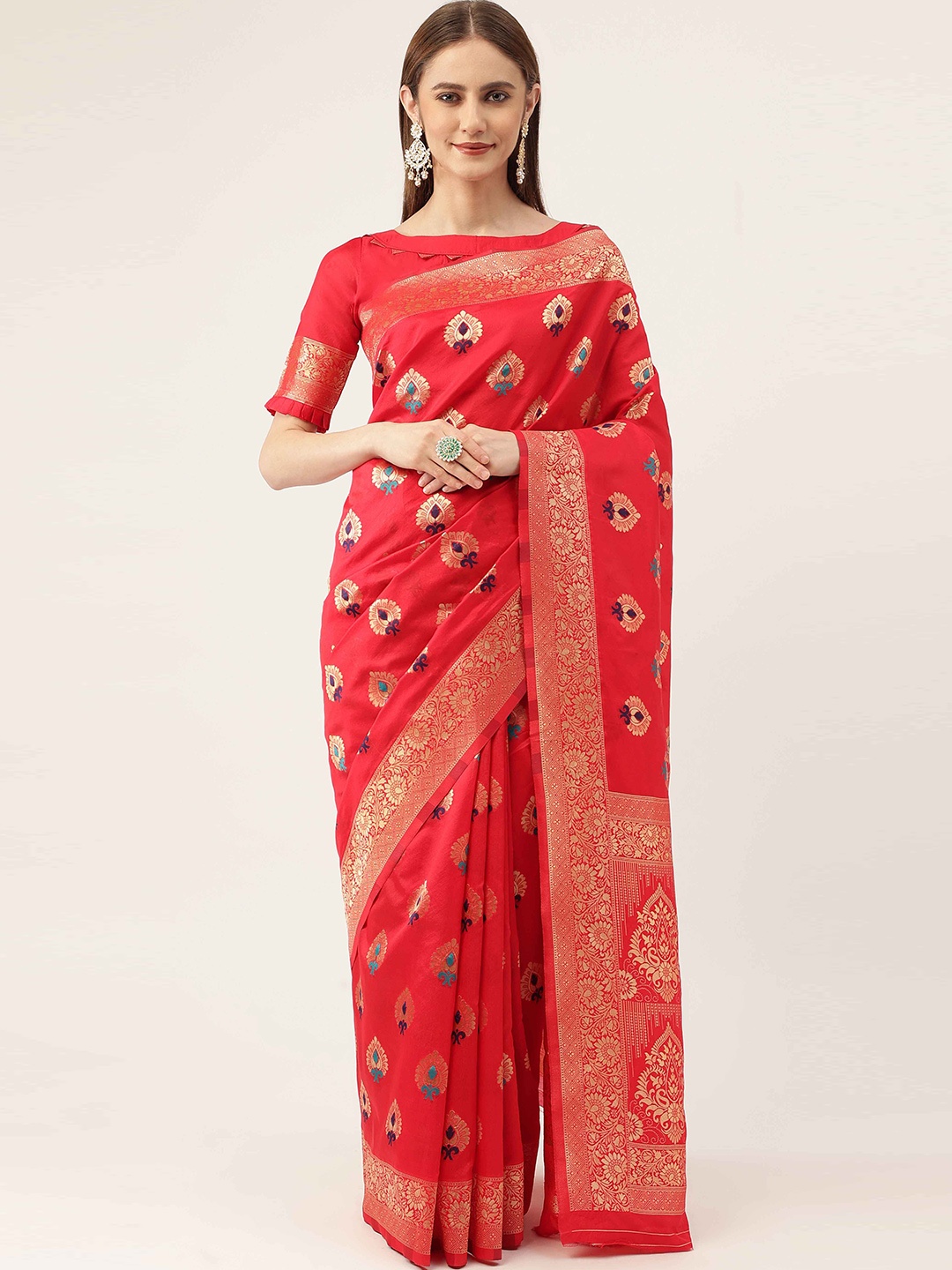 

HERE&NOW Red & Gold-Toned Ethnic Woven Design Zari Kanjeevaram Saree