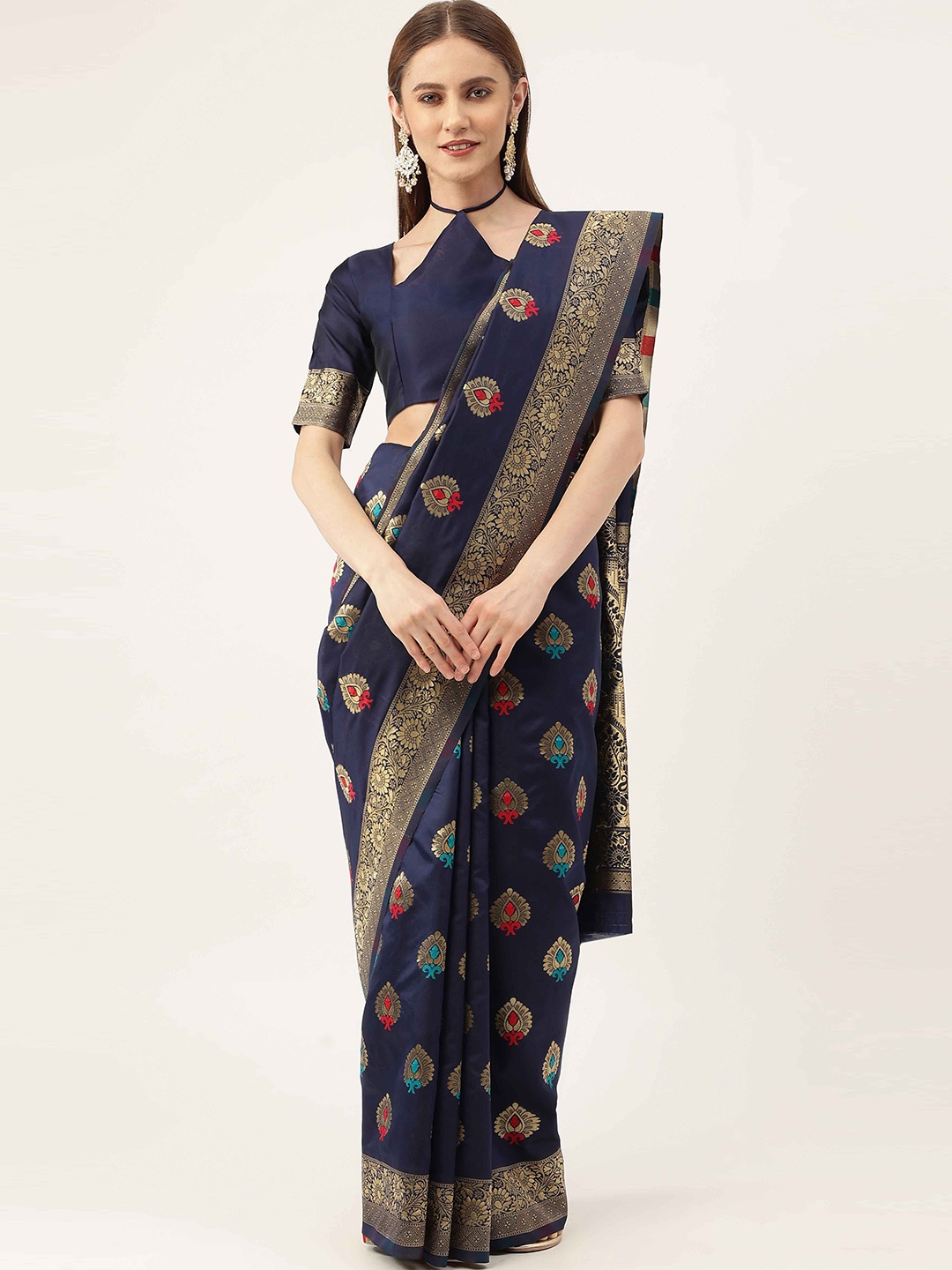 

HERE&NOW Blue & Red Ethnic Woven Design Zari Kanjeevaram Saree