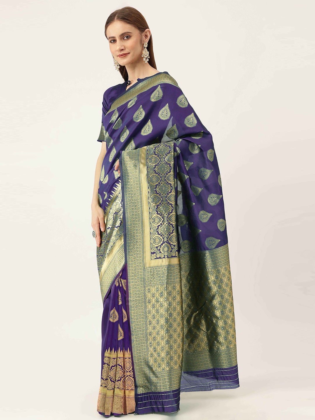 

HERE&NOW Purple & Gold-Toned Ethnic Woven Design Zari Banarasi Saree