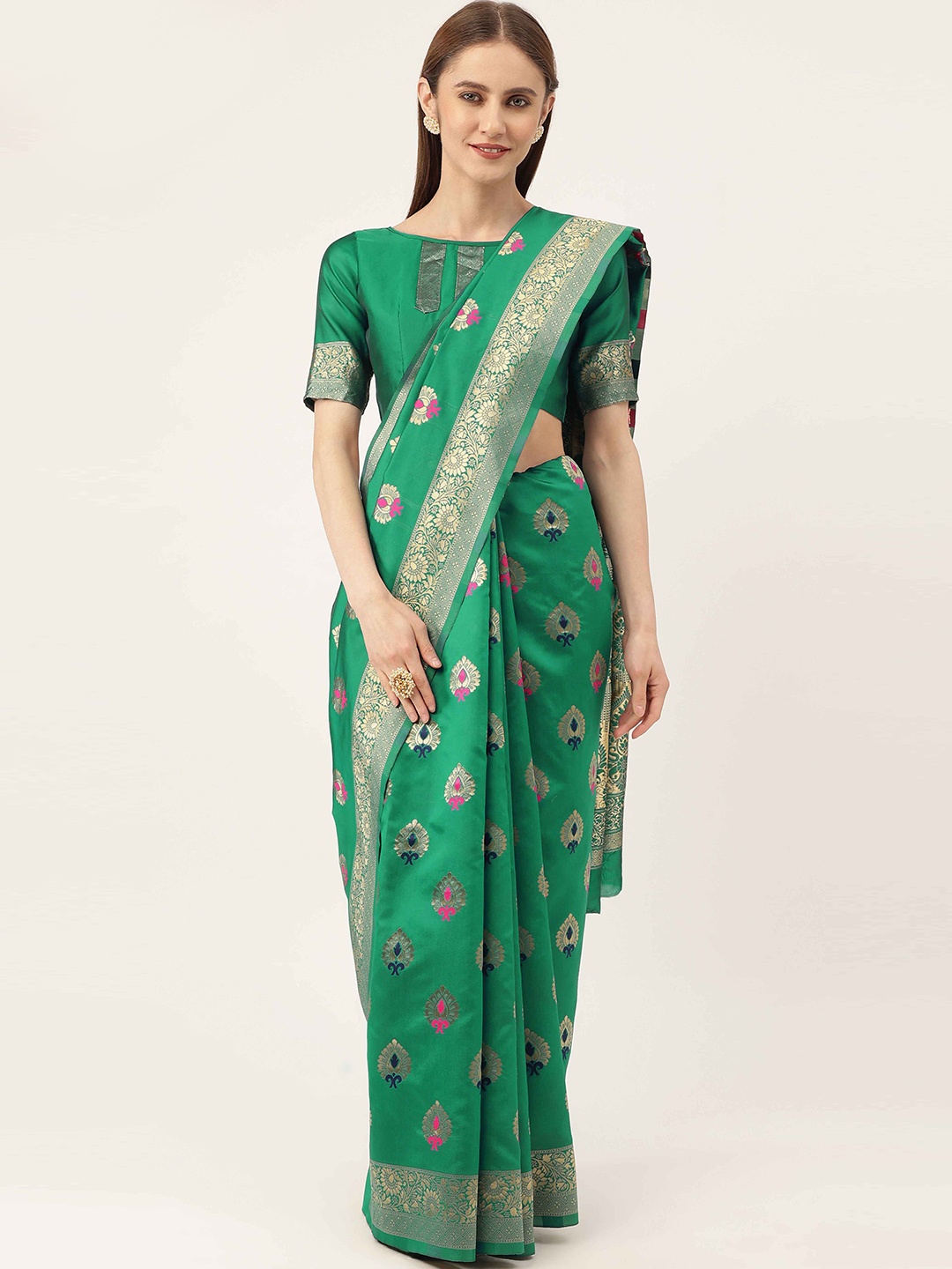 

HERE&NOW Green & Pink Ethnic Woven Design Zari Kanjeevaram Saree