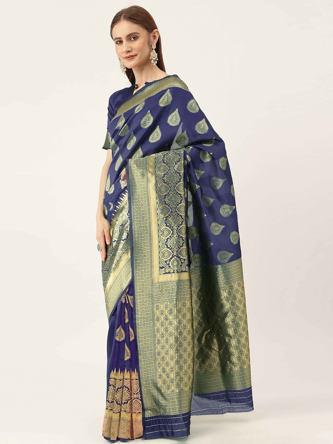 

HERE&NOW Navy Blue & Gold-Toned Ethnic Woven Design Zari Banarasi Saree