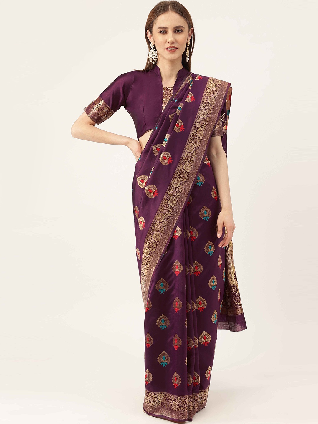 

HERE&NOW Purple & Red Ethnic Woven Design Zari Kanjeevaram Saree