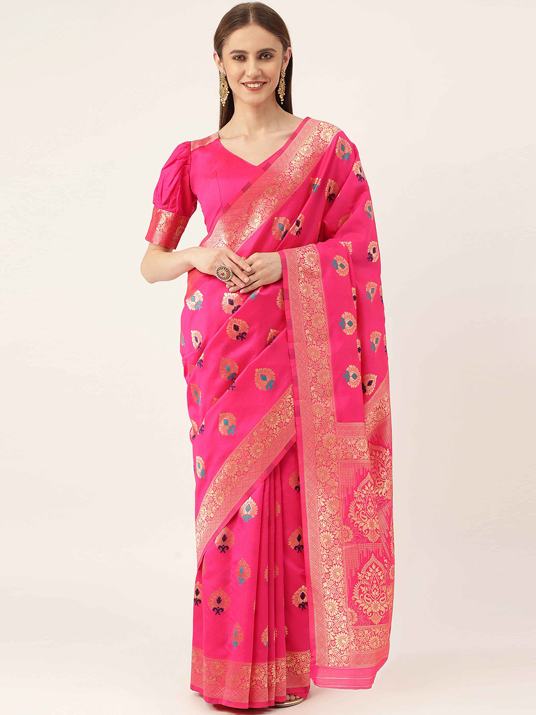 

HERE&NOW Pink & Blue Ethnic Woven Design Zari Kanjeevaram Saree