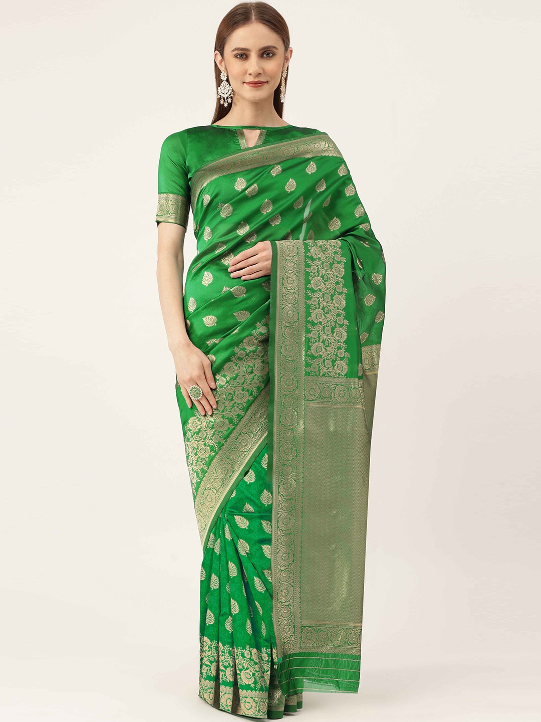 

HERE&NOW Green & Gold-Toned Ethnic Woven Design Zari Banarasi Saree