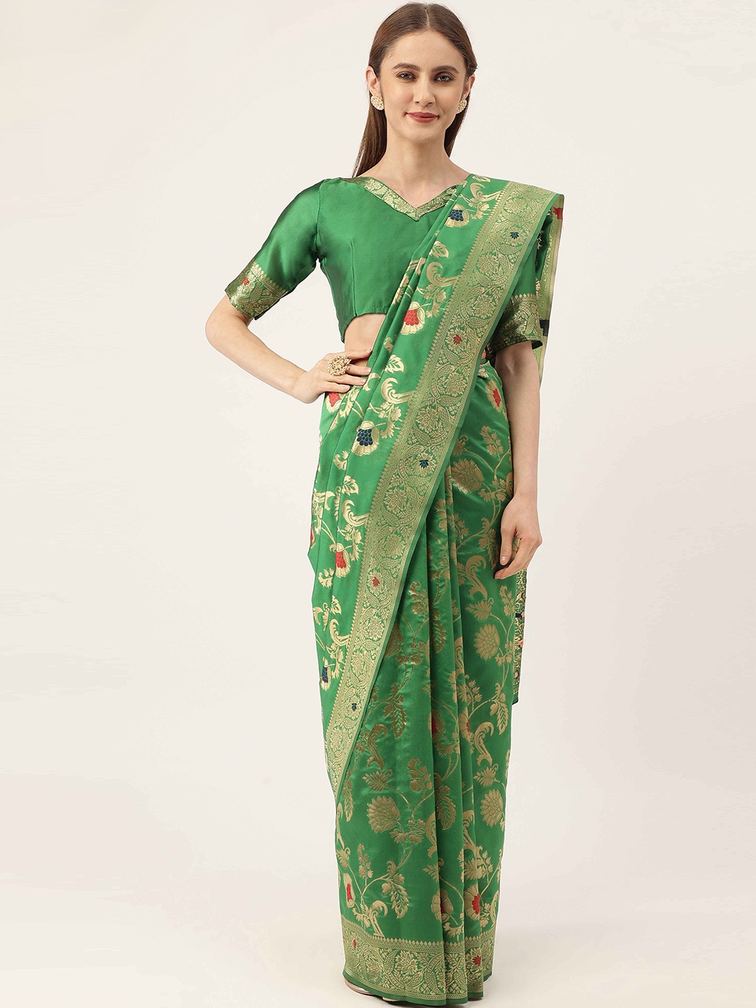 

HERE&NOW Green & Red Floral Woven Design Zari Kanjeevaram Saree