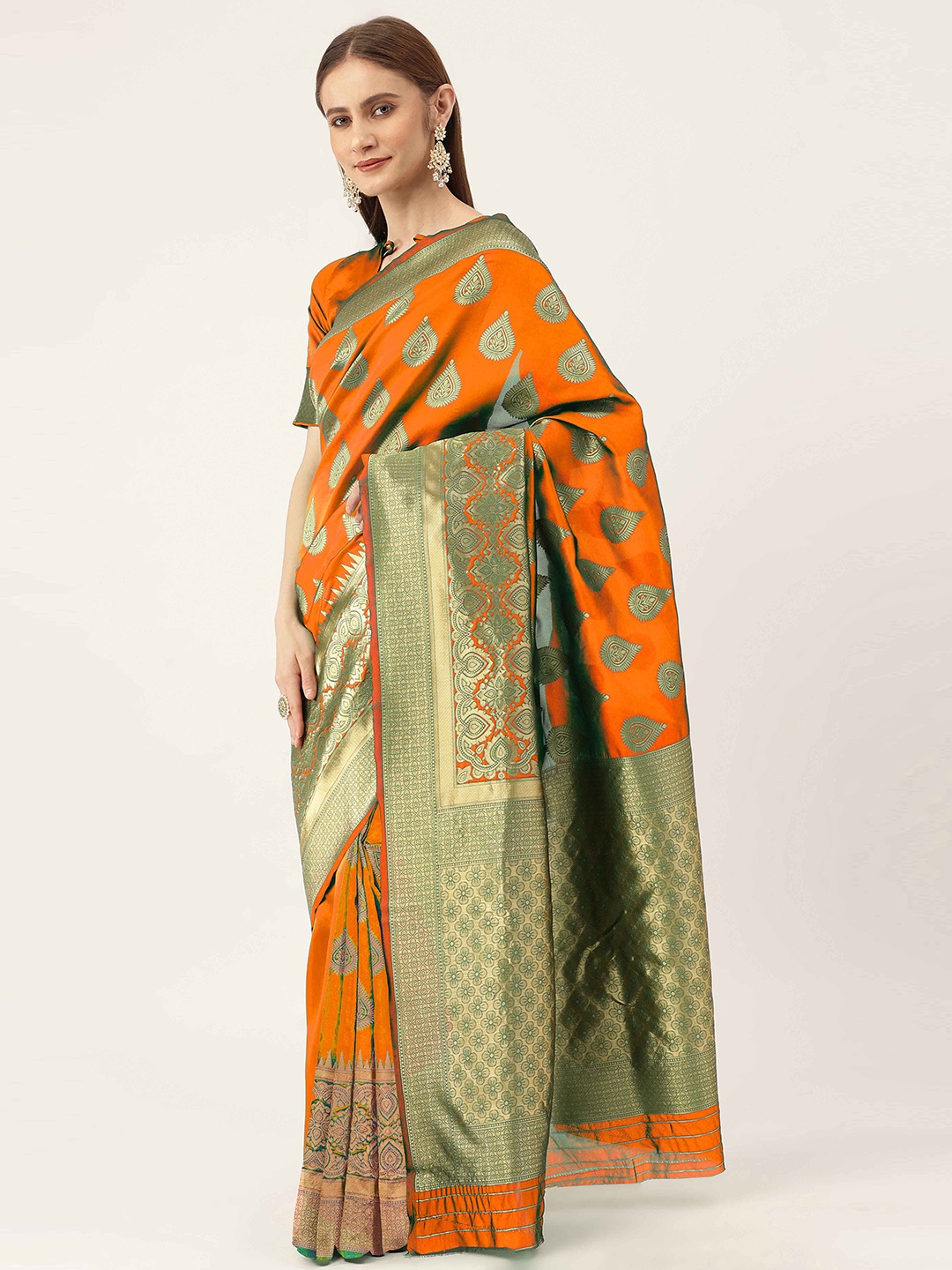 

HERE&NOW Orange & Gold-Toned Ethnic Woven Design Zari Banarasi Saree