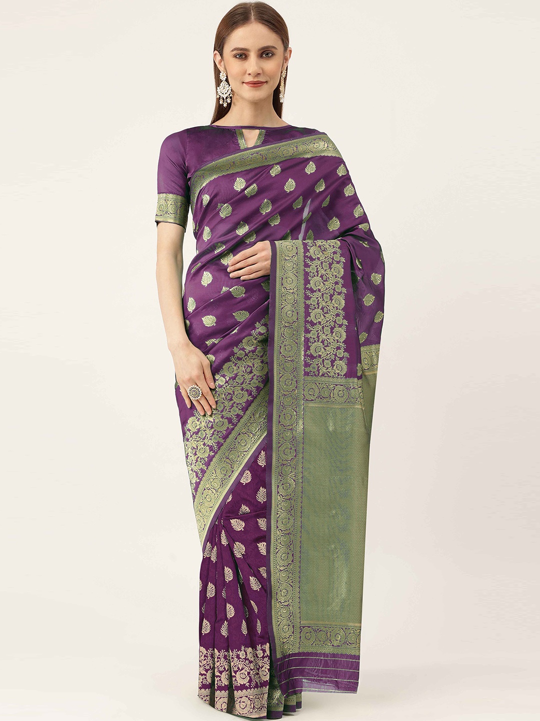 

HERE&NOW Purple & Gold-Toned Ethnic Woven Design Zari Banarasi Saree
