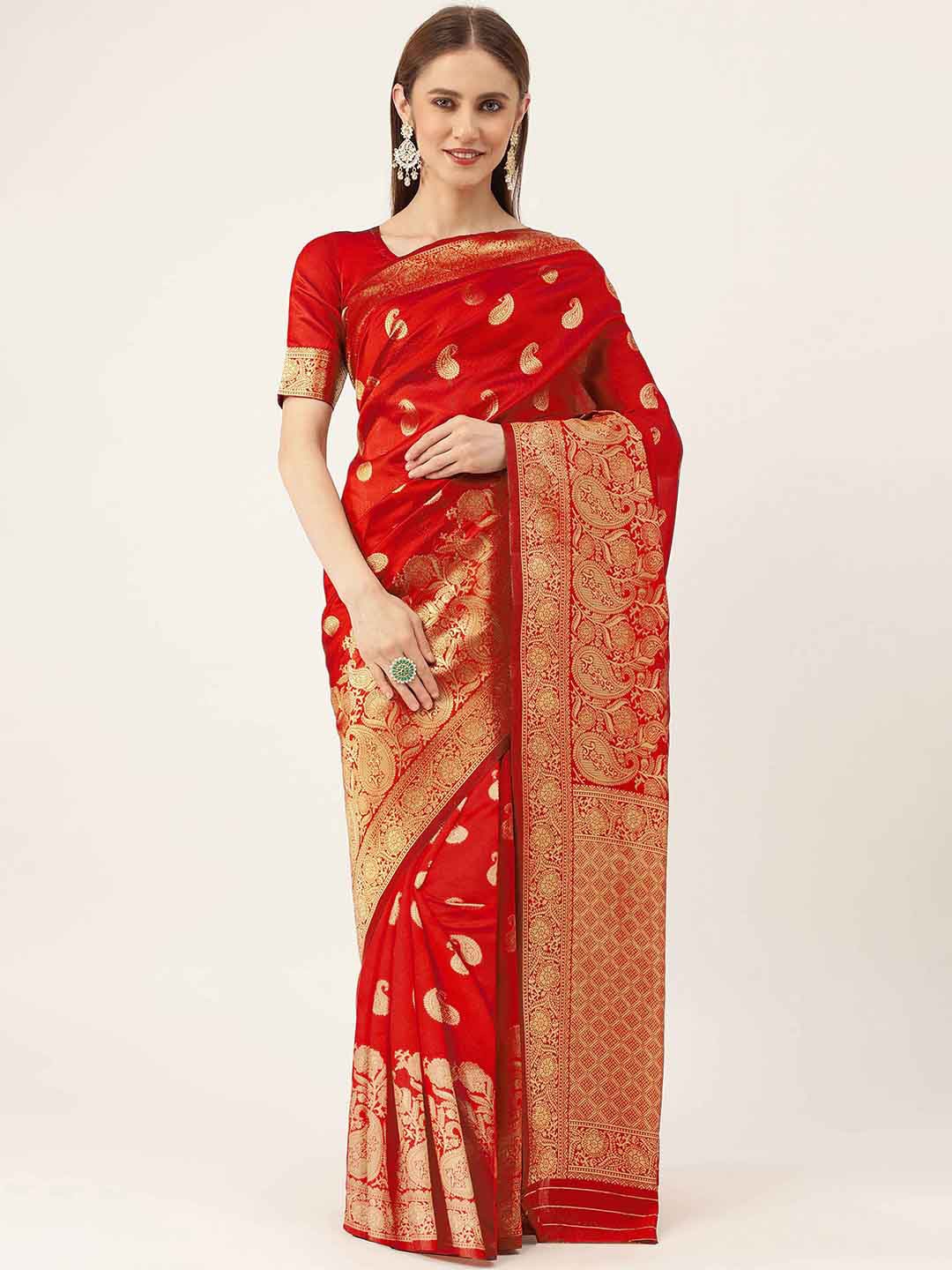 

HERE&NOW Red & Gold-Toned Ethnic Woven Design Zari Banarasi Saree