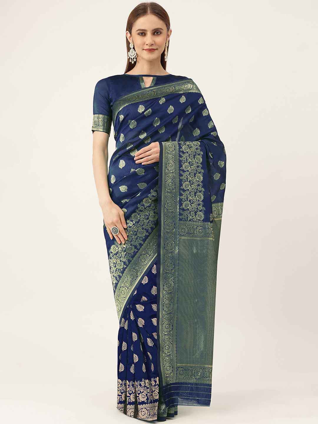 

HERE&NOW Blue & Gold-Toned Ethnic Woven Design Zari Banarasi Saree