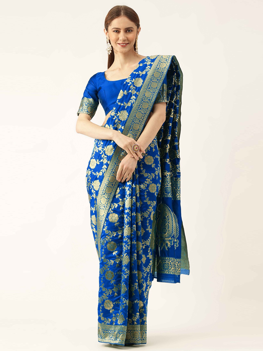 

HERE&NOW Blue & Gold-Toned Floral Woven Design Zari Banarasi Saree
