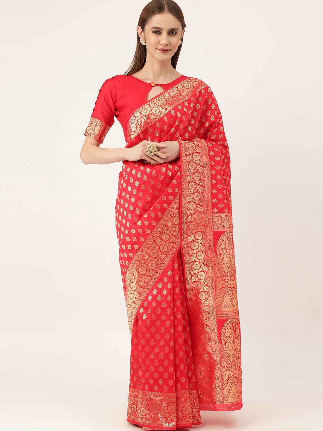 

HERE&NOW Pink & Gold-Toned Ethnic Woven Design Zari Banarasi Saree