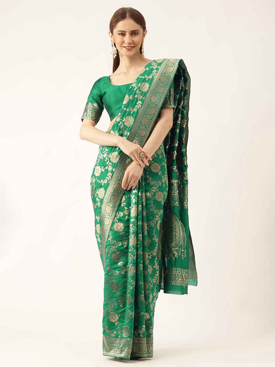 

HERE&NOW Green & Gold-Toned Floral Woven Design Zari Banarasi Saree