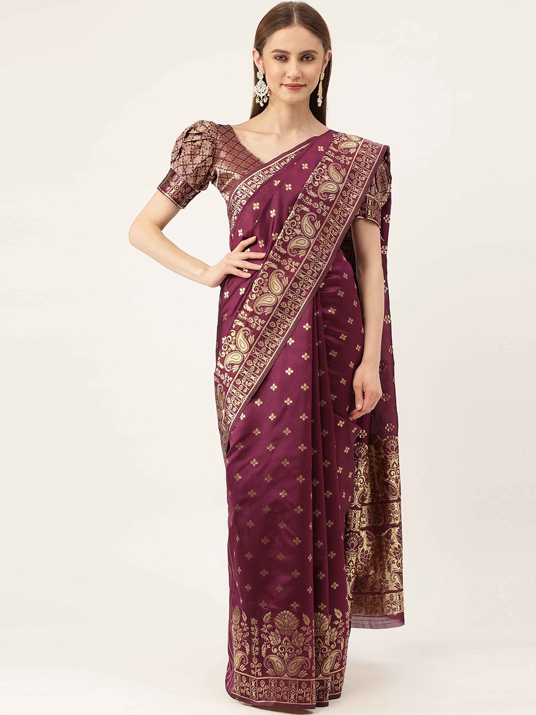 

HERE&NOW Purple & Gold-Toned Ethnic Woven Design Zari Banarasi Saree
