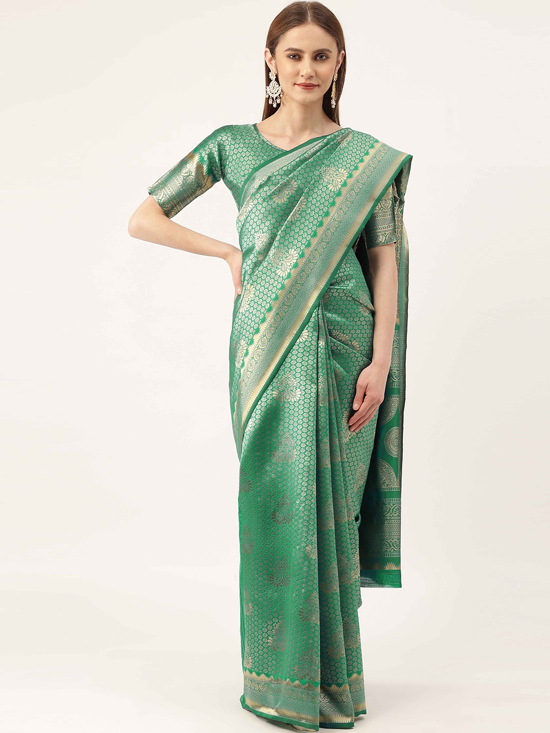 

HERE&NOW Floral Woven Design Zari Banarasi Saree, Green
