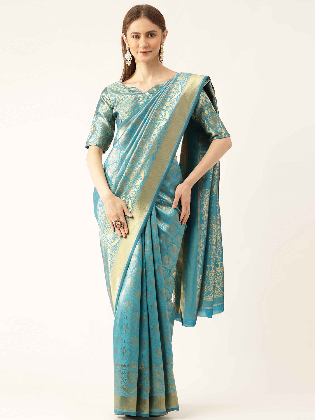 

HERE&NOW Sky Blue & Gold-Toned Woven Design Zari Banarasi Saree