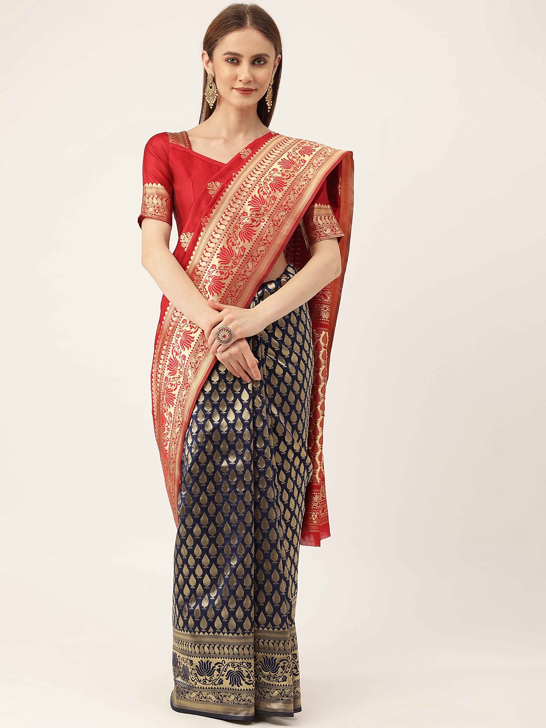 

HERE&NOW Red & Blue Ethnic Woven Design Zari Half and Half Kanjeevaram Saree