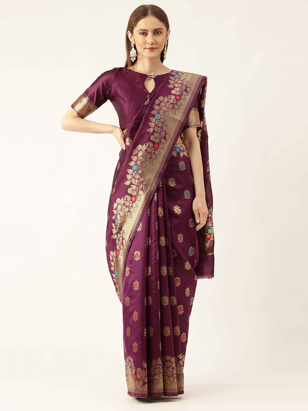 

HERE&NOW Purple & Gold-Toned Floral Woven Design Zari Kanjeevaram Saree