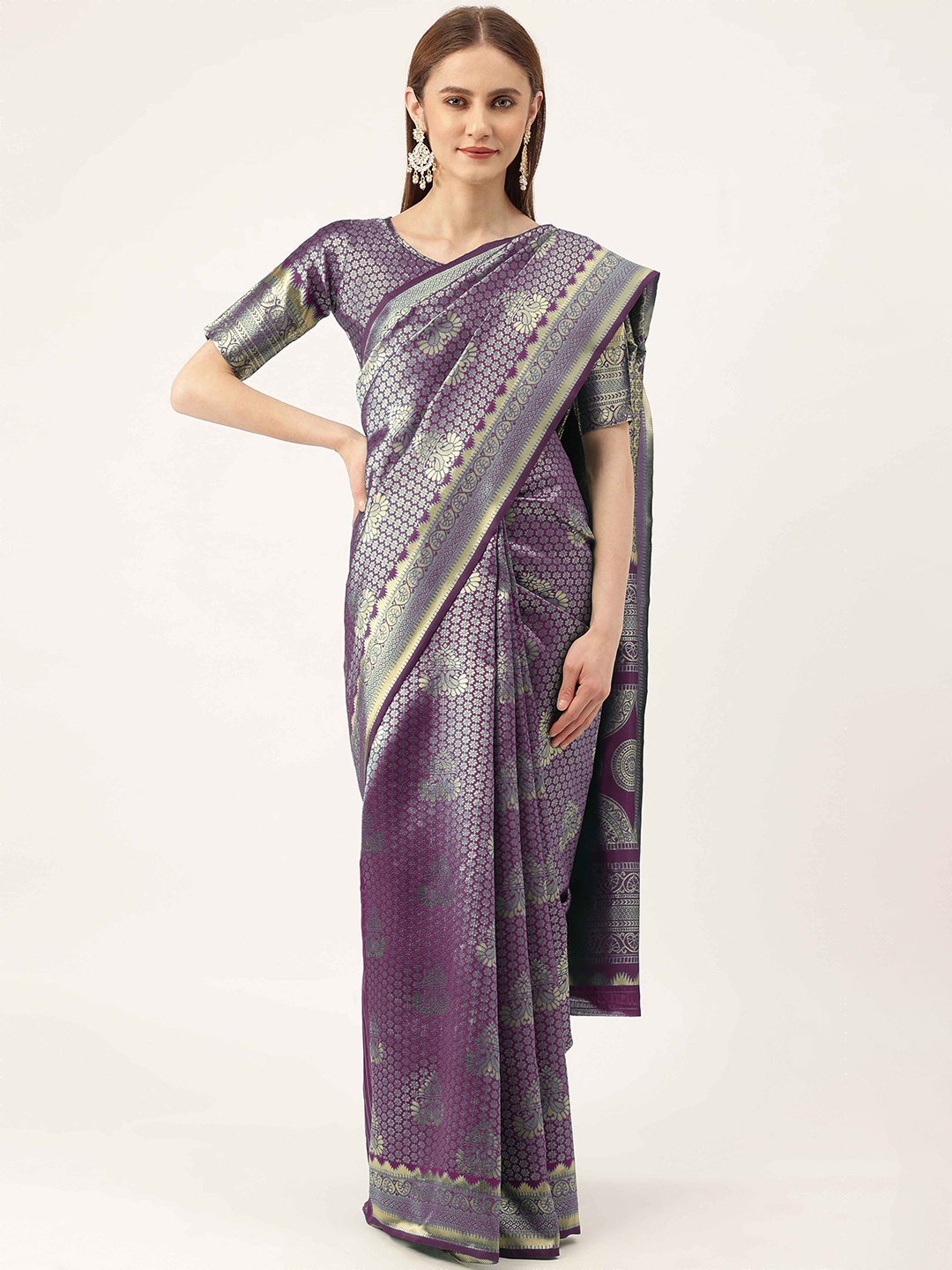 

HERE&NOW Purple & Gold-Toned Ethnic Woven Design Zari Banarasi Saree