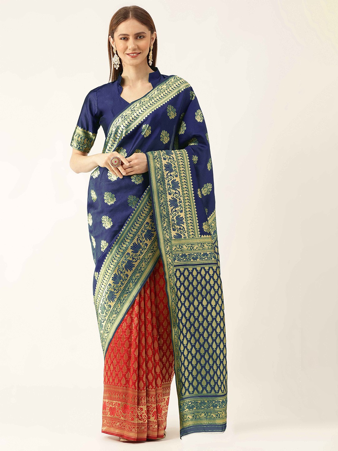 

HERE&NOW Blue & Red Ethnic Woven Design Zari Half and Half Kanjeevaram Saree
