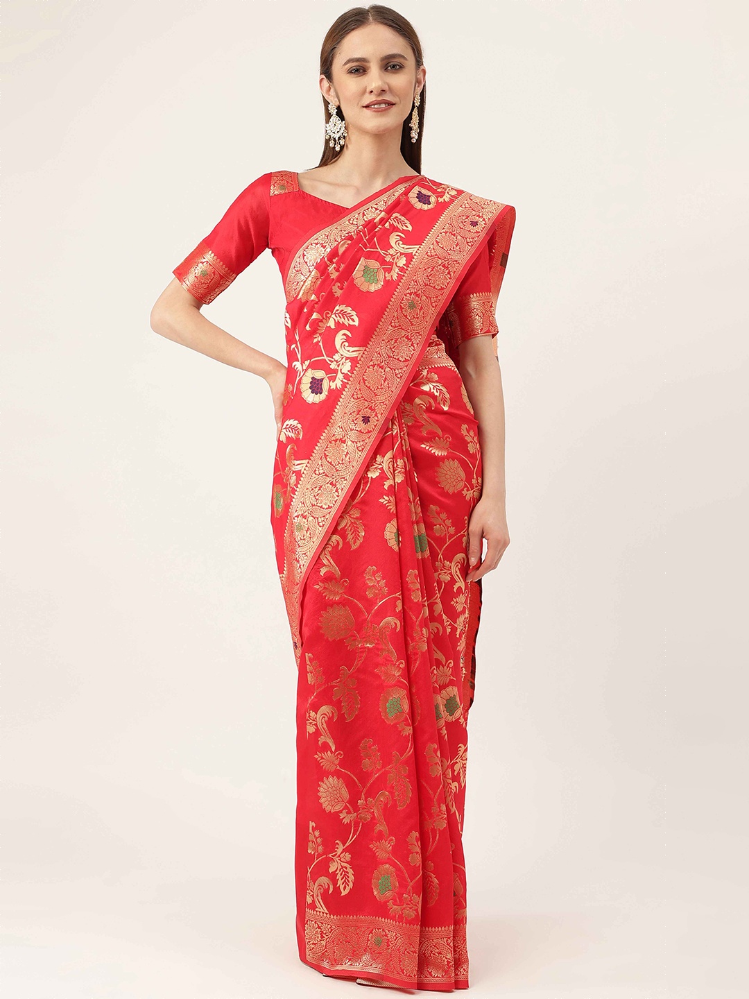 

HERE&NOW Red & Blue Floral Woven Design Zari Kanjeevaram Saree