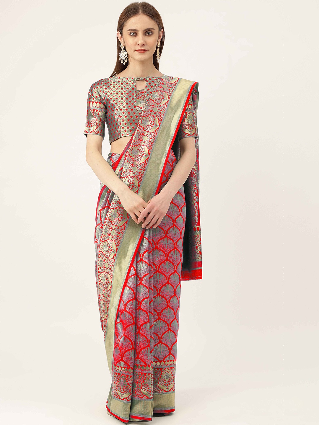 

HERE&NOW Red & Gold-Toned Woven Design Zari Banarasi Saree