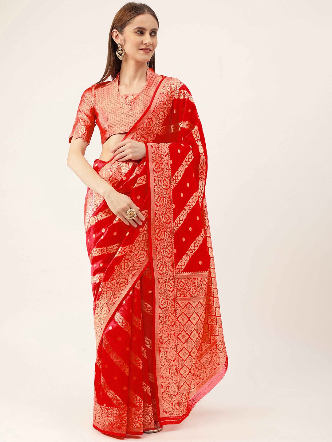 

HERE&NOW Red & Gold-Toned Woven Design Zari Banarasi Saree