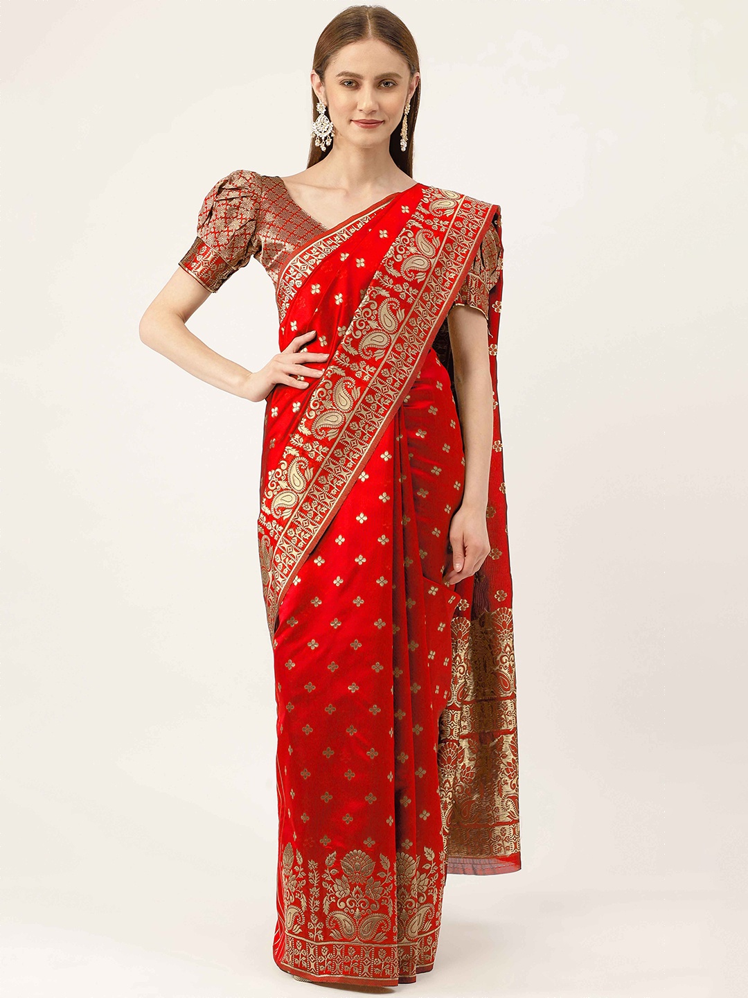

HERE&NOW Red & Gold-Toned Ethnic Woven Design Zari Banarasi Saree