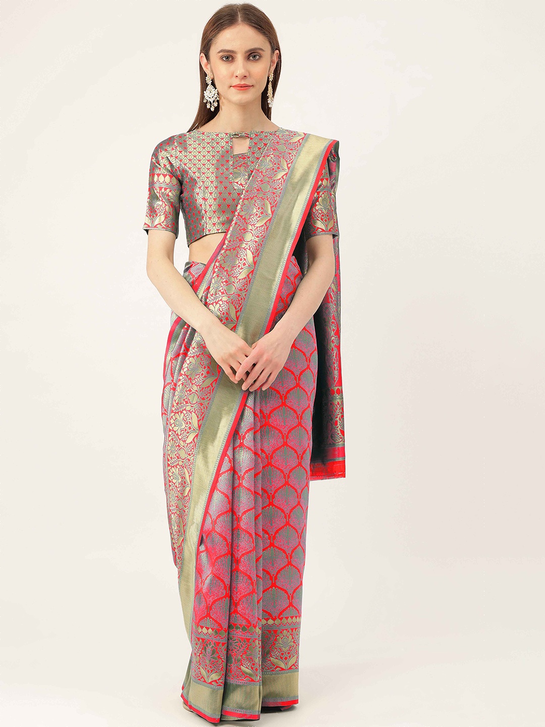 

HERE&NOW Floral Woven Design Zari Banarasi Saree, Pink