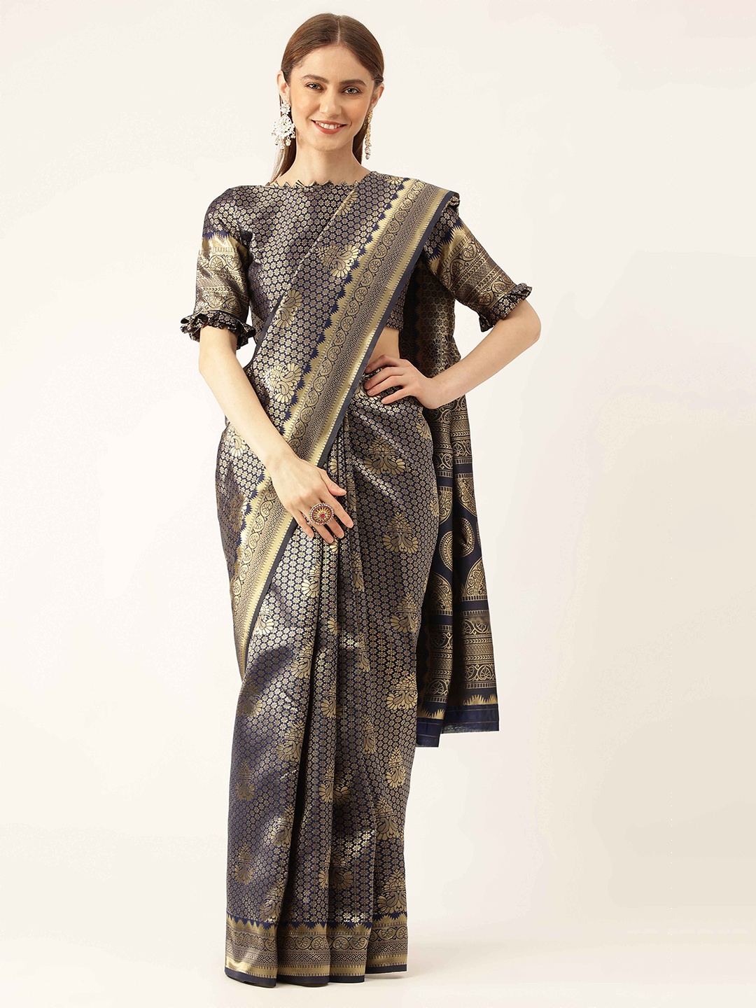 

HERE&NOW Blue & Gold-Toned Ethnic Woven Design Zari Banarasi Saree