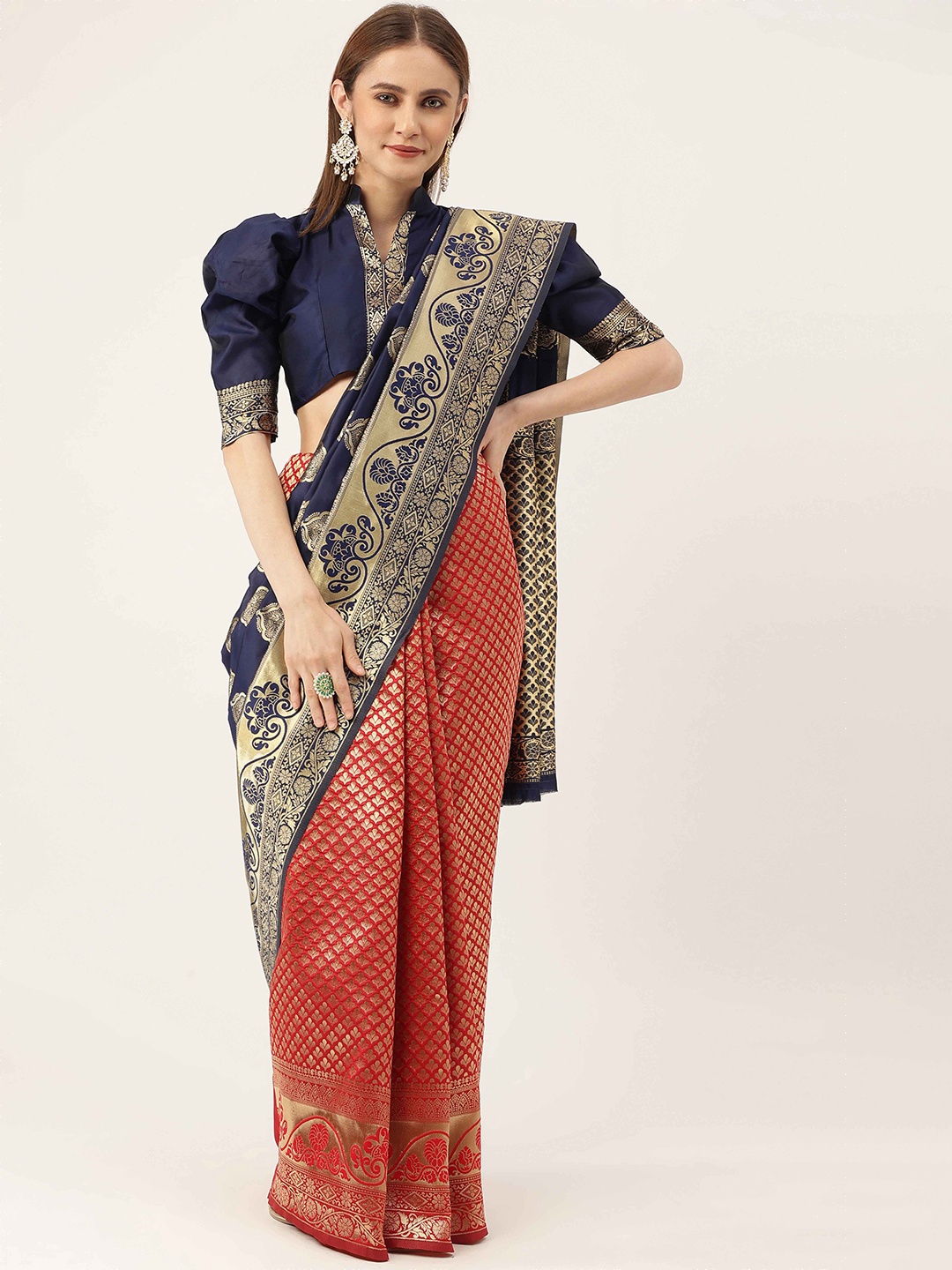 

HERE&NOW Blue & Red Ethnic Woven Design Zari Kanjeevaram Saree