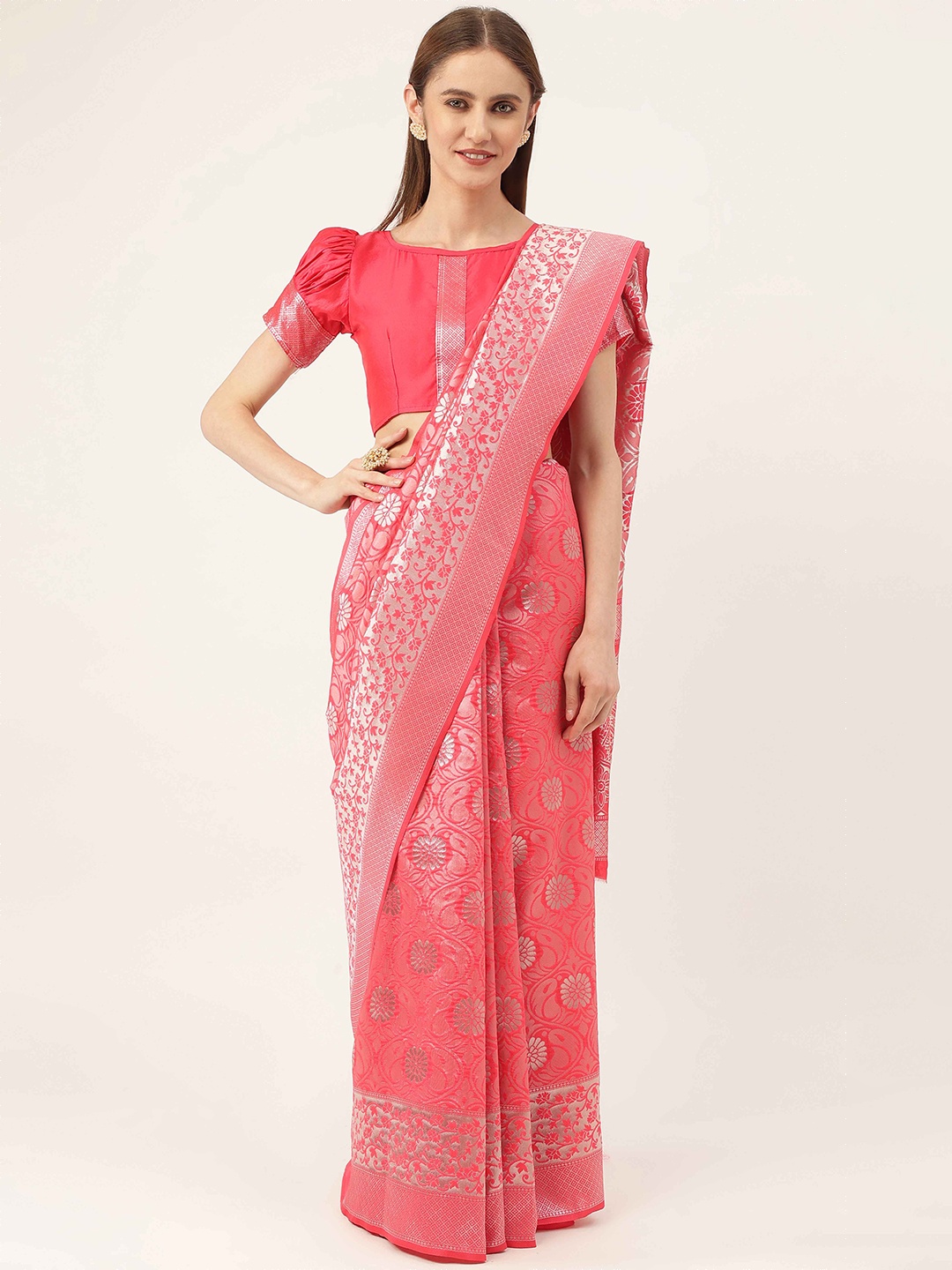 

HERE&NOW Pink & Silver-Toned Floral Woven Design Zari Kanjeevaram Saree