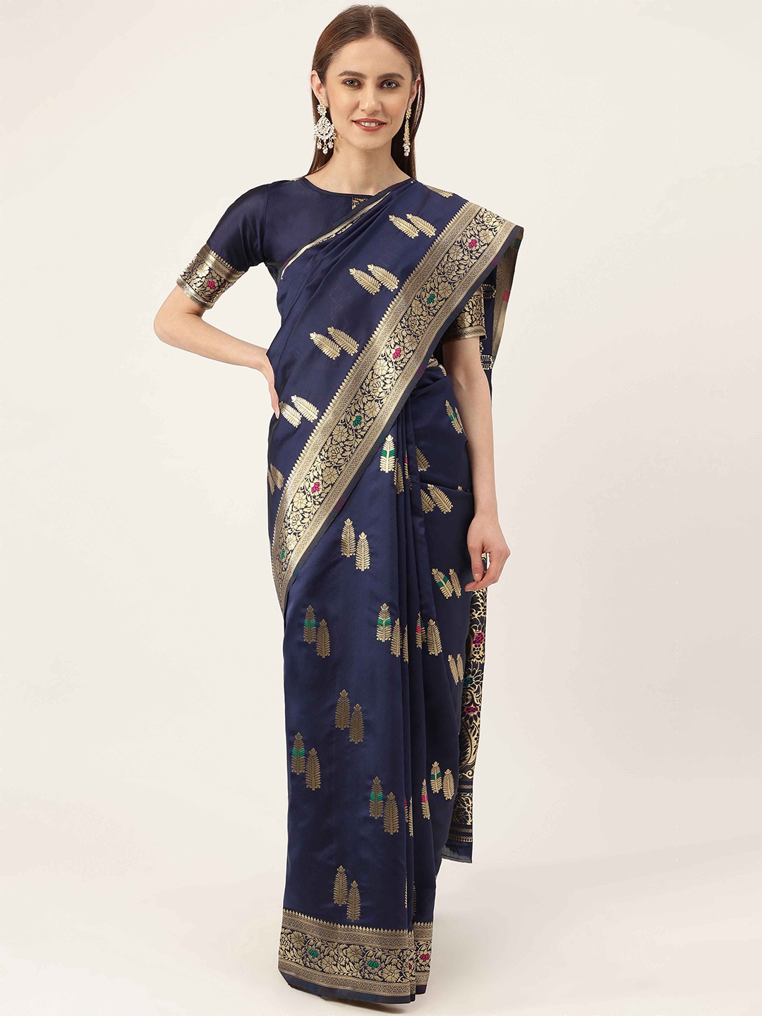 

HERE&NOW Navy Blue & Gold-Toned Ethnic Woven Design Zari Kanjeevaram Saree