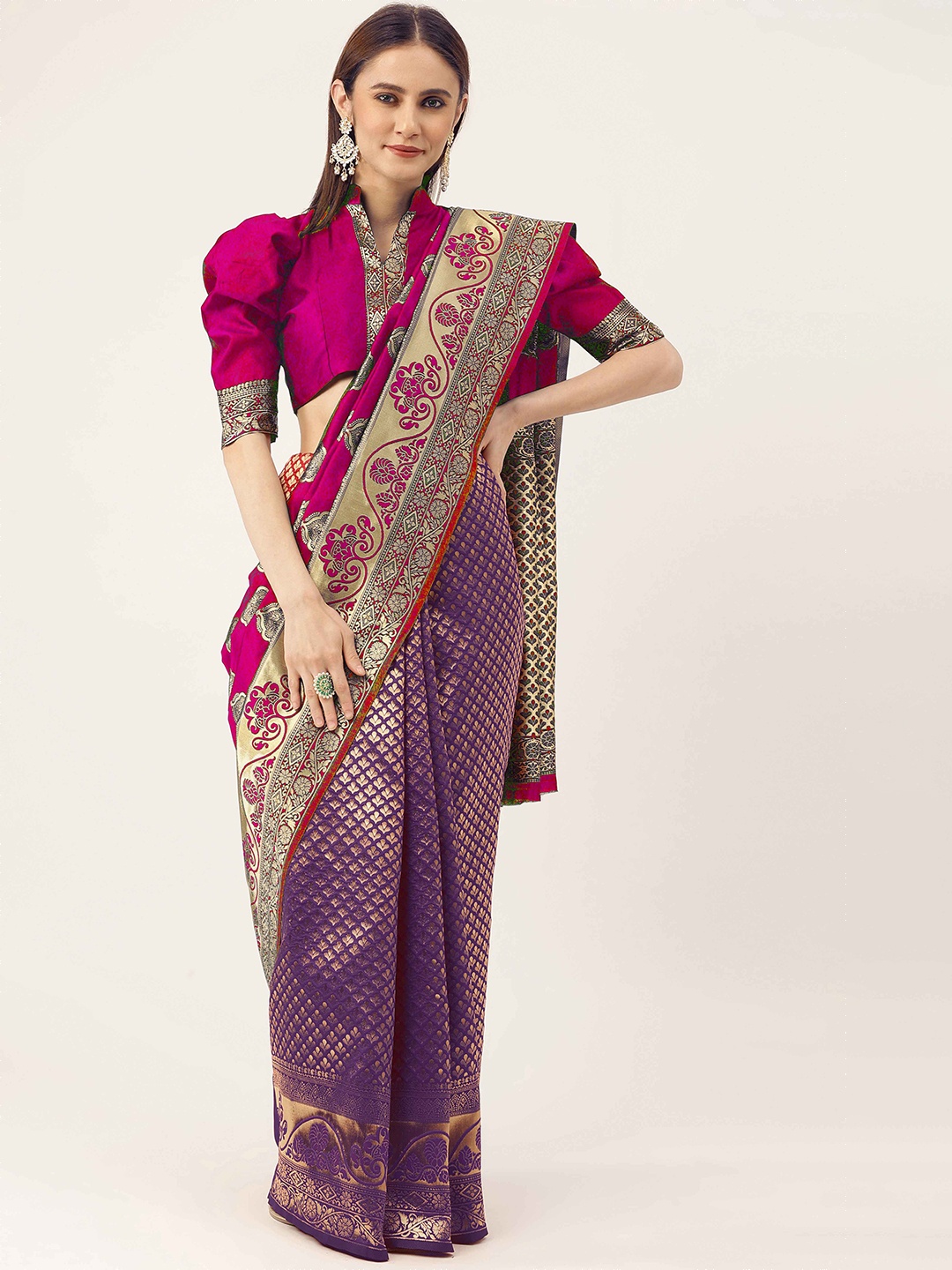 

HERE&NOW Purple & Gold-Toned Floral Woven Design Zari Kanjeevaram Saree