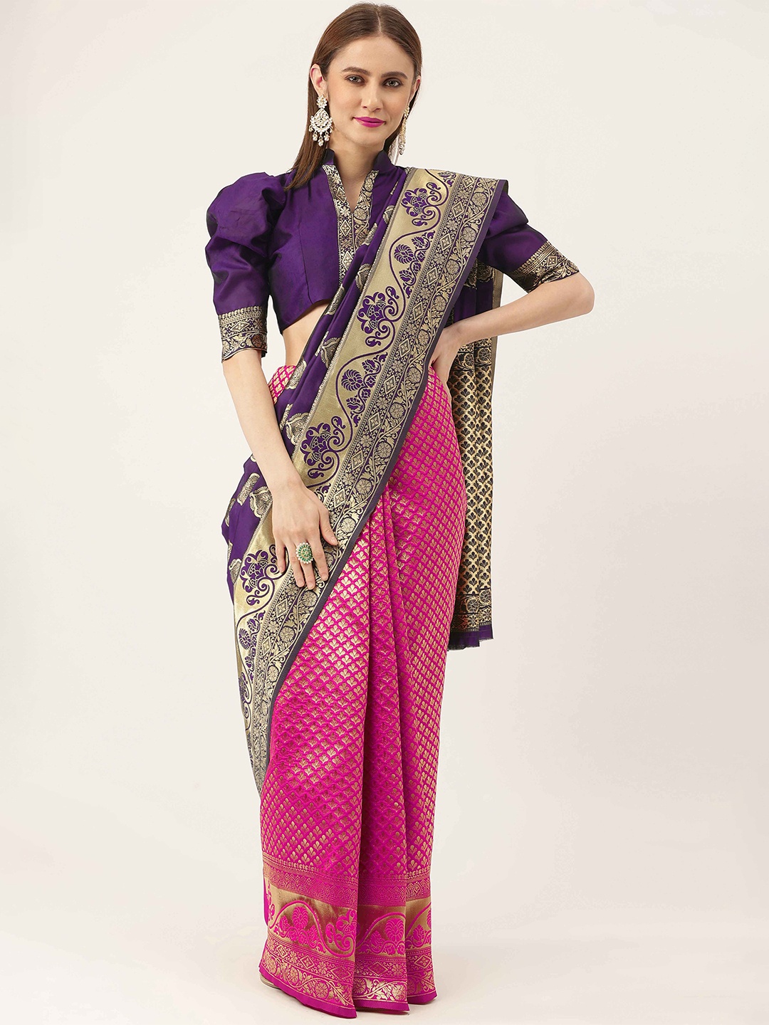 

HERE&NOW Ethnic Motif Woven Design Zari Half and Half Kanjeevaram Saree, Violet